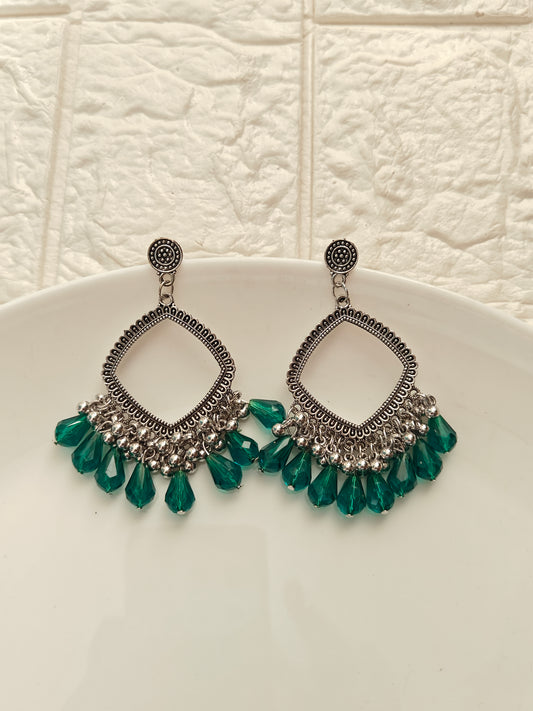 Silver Square Green Drop Beaded Jhumka Base - 1 Pair