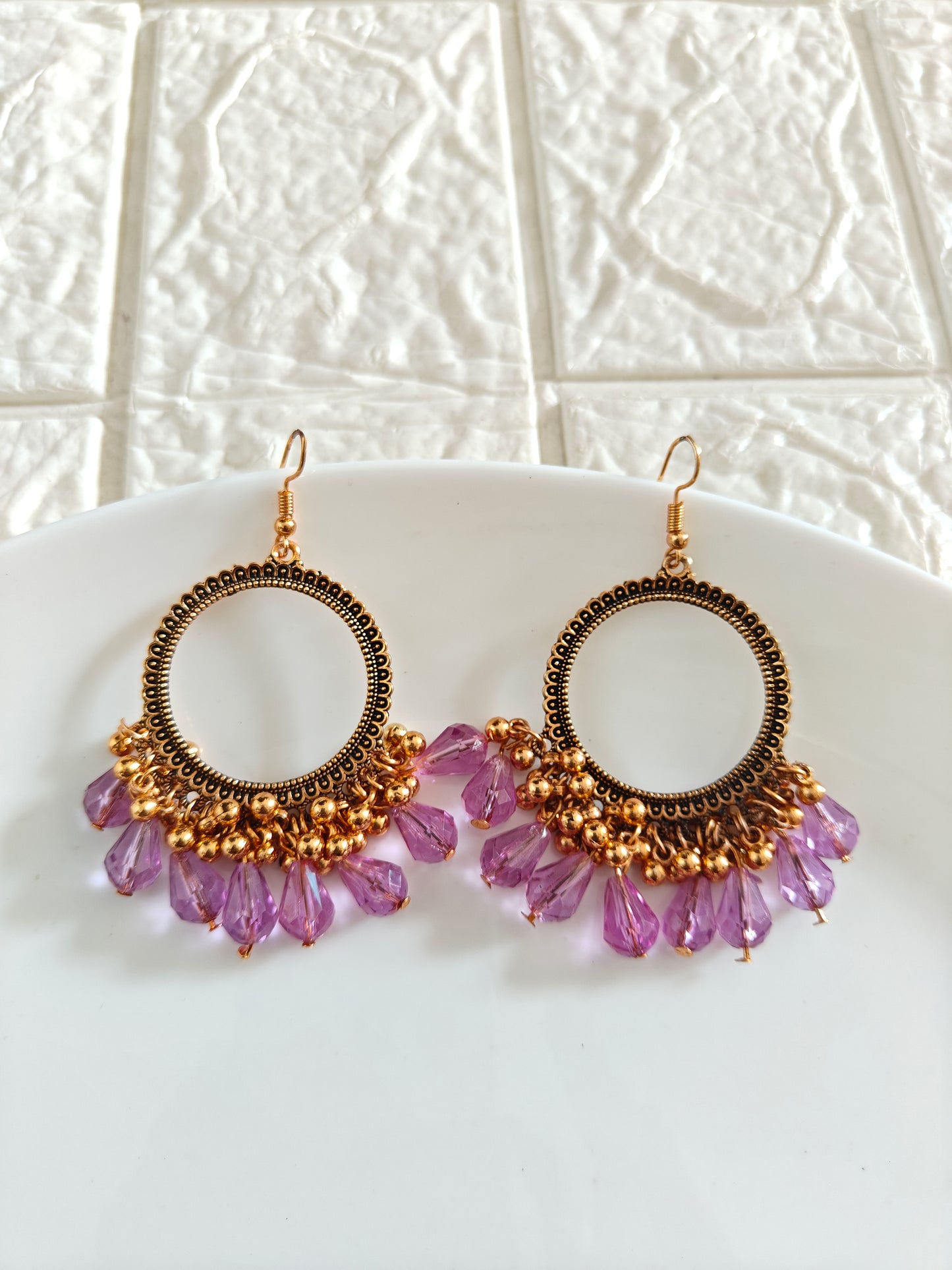 Gold Round Lavendar Drop Beaded Hook Jhumka Base - 1 Pair