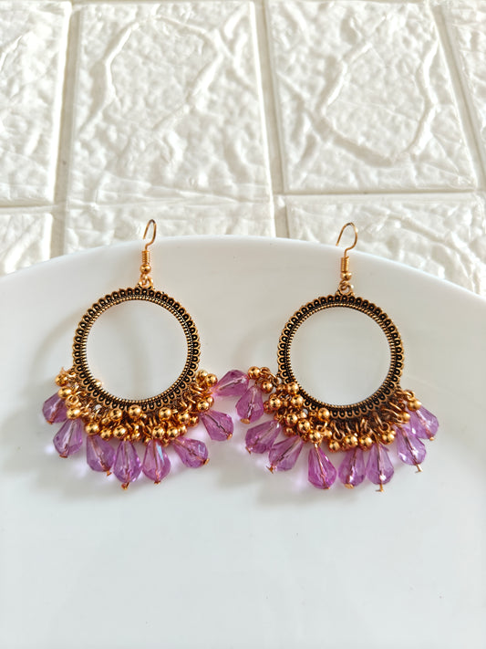 Gold Round Lavendar Drop Beaded Hook Jhumka Base - 1 Pair