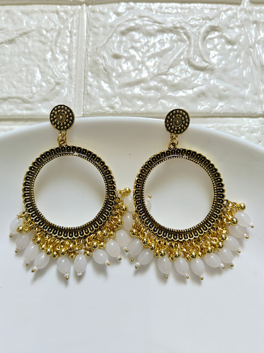 SH Gold Round White Beaded Jhumka Base - 1 Pair