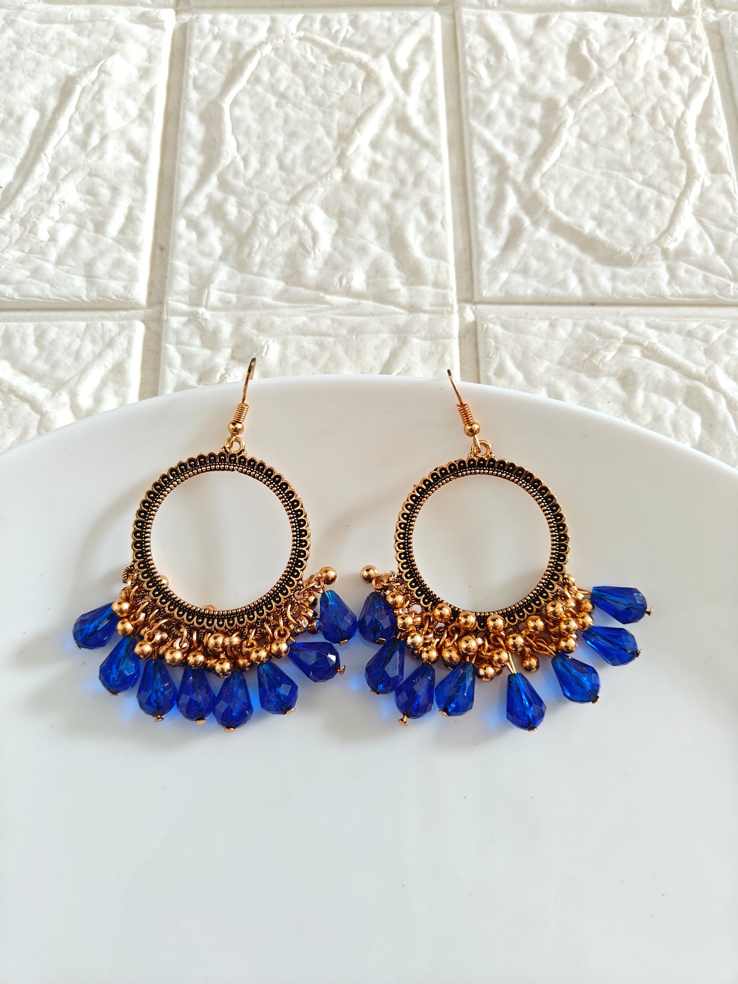 Gold Round Dark Blue Drop Beaded Hook Jhumka Base - 1 Pair