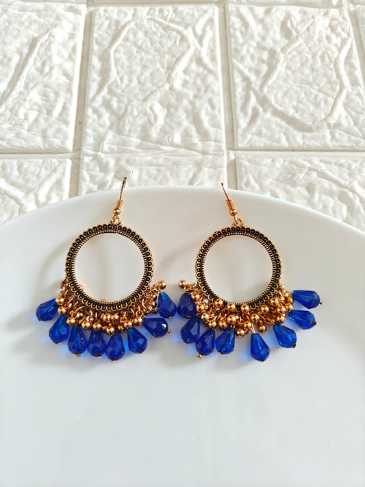Gold Round Dark Blue Drop Beaded Hook Jhumka Base - 1 Pair