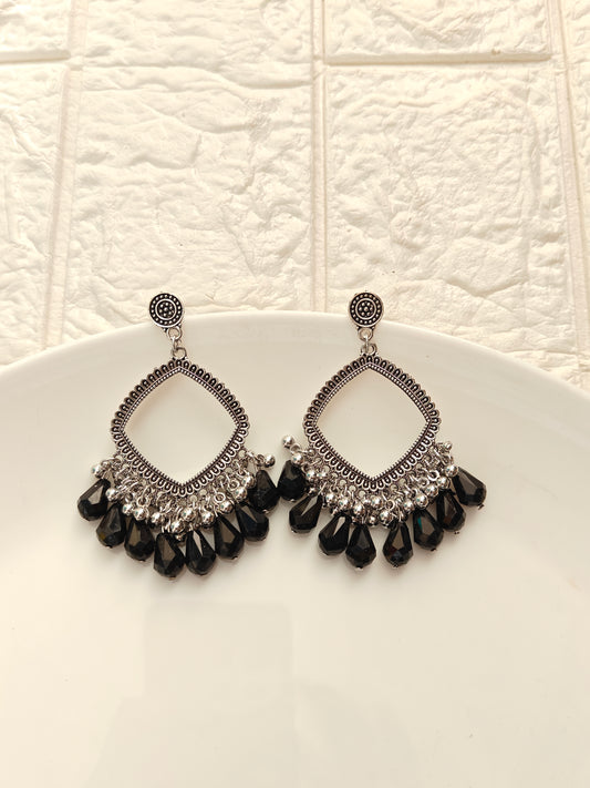 Silver Square Black Drop Beaded Jhumka Base - 1 Pair