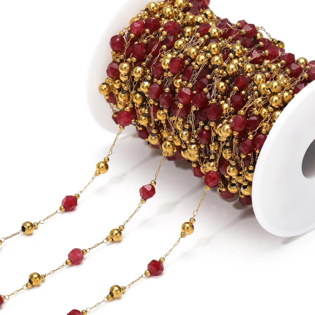 6mm Maroon Stone Stainless Steel Chain - 1 Feet (30cms)