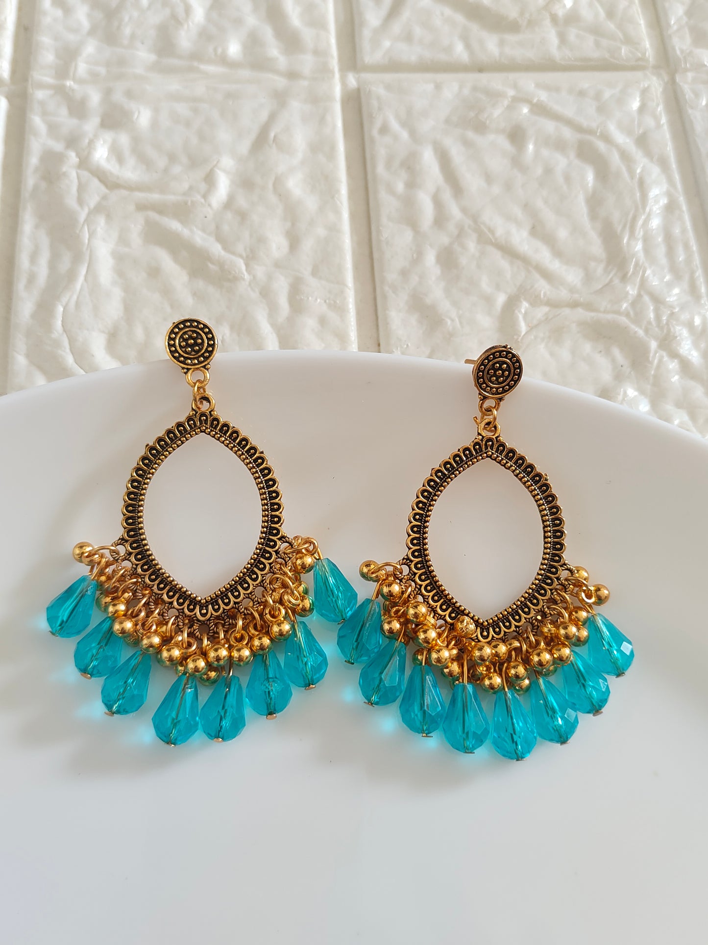 Gold Evil Eye Blue Drop Beaded Jhumka Base - 1 Pair - Check Description