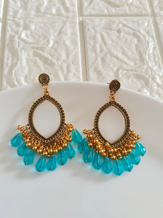 Gold Evil Eye Blue Drop Beaded Jhumka Base - 1 Pair - Check Description