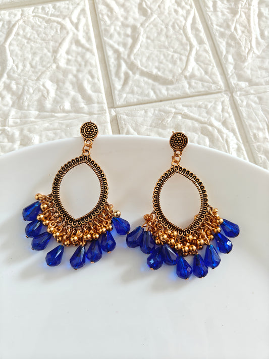 Gold Evil Eye Dark Blue Drop Beaded Jhumka Base - 1 Pair - Check Description