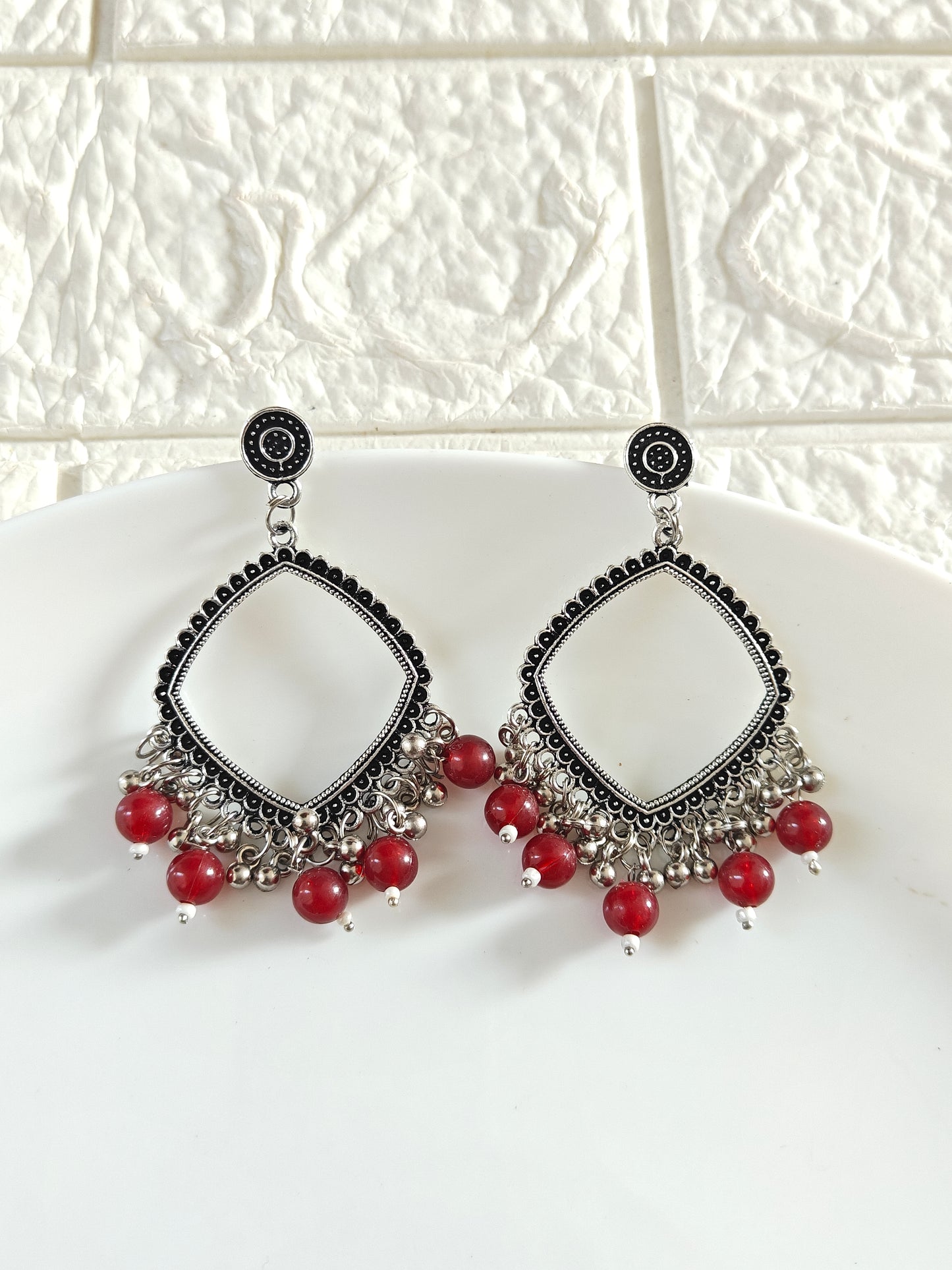 Silver Square Maroon Beaded Jhumka Base - 1 Pair