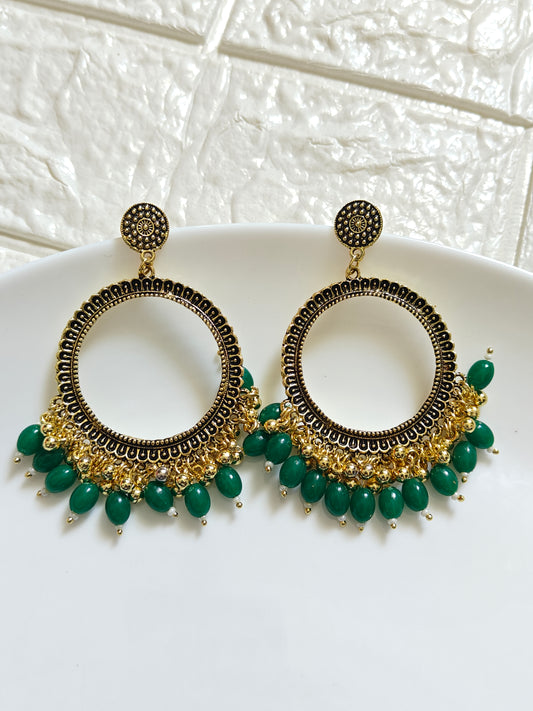 SH Gold Round Green Beaded Jhumka Base - 1 Pair