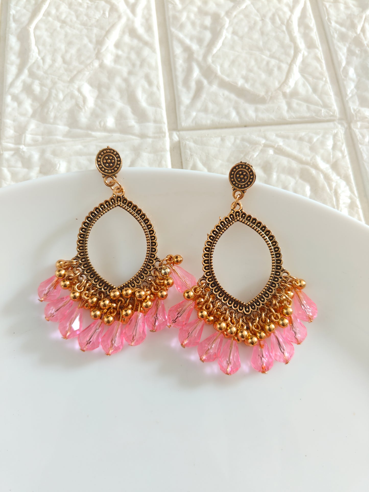 Gold Evil Eye Pink Drop Beaded Jhumka Base - 1 Pair - Check Description