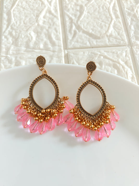 Gold Evil Eye Pink Drop Beaded Jhumka Base - 1 Pair - Check Description