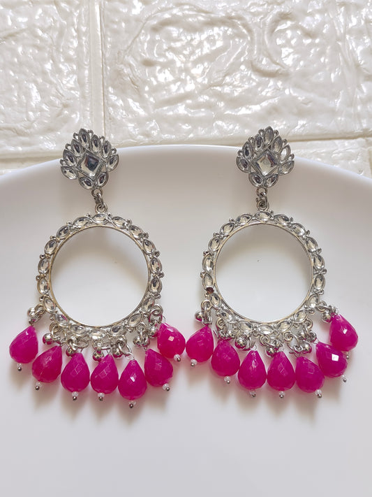 Mirror Round Fuchsia Beaded Jhumka Base - 1 Pair