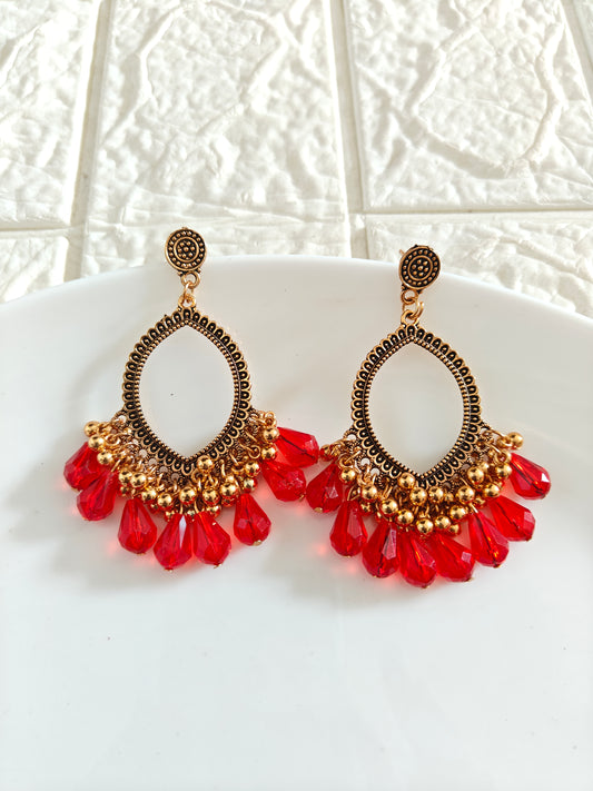 Gold Evil Eye Red Drop Beaded Jhumka Base - 1 Pair - Check Description