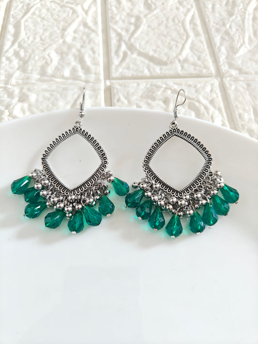 Silver Square Green Drop Beaded Hook Jhumka Base - 1 Pair