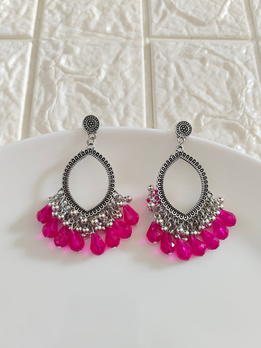 Silver Evil Eye Rani Pink Drop Beaded Jhumka Base - 1 Pair