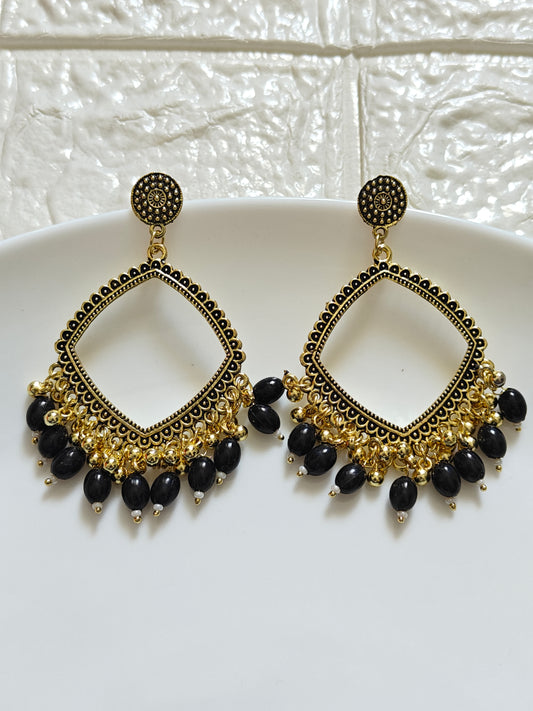 Gold Square Black Beaded Jhumka Base - 1 Pair