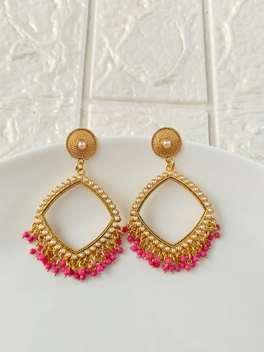 Gold Square Rani Pink Pearl Beaded Jhumka Base - 1 Pair