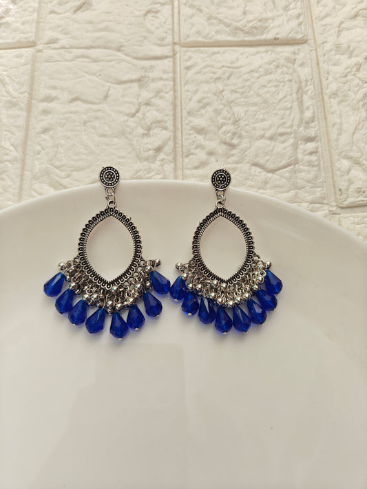 Silver Evil Eye Dark Blue Drop Beaded Jhumka Base - 1 Pair