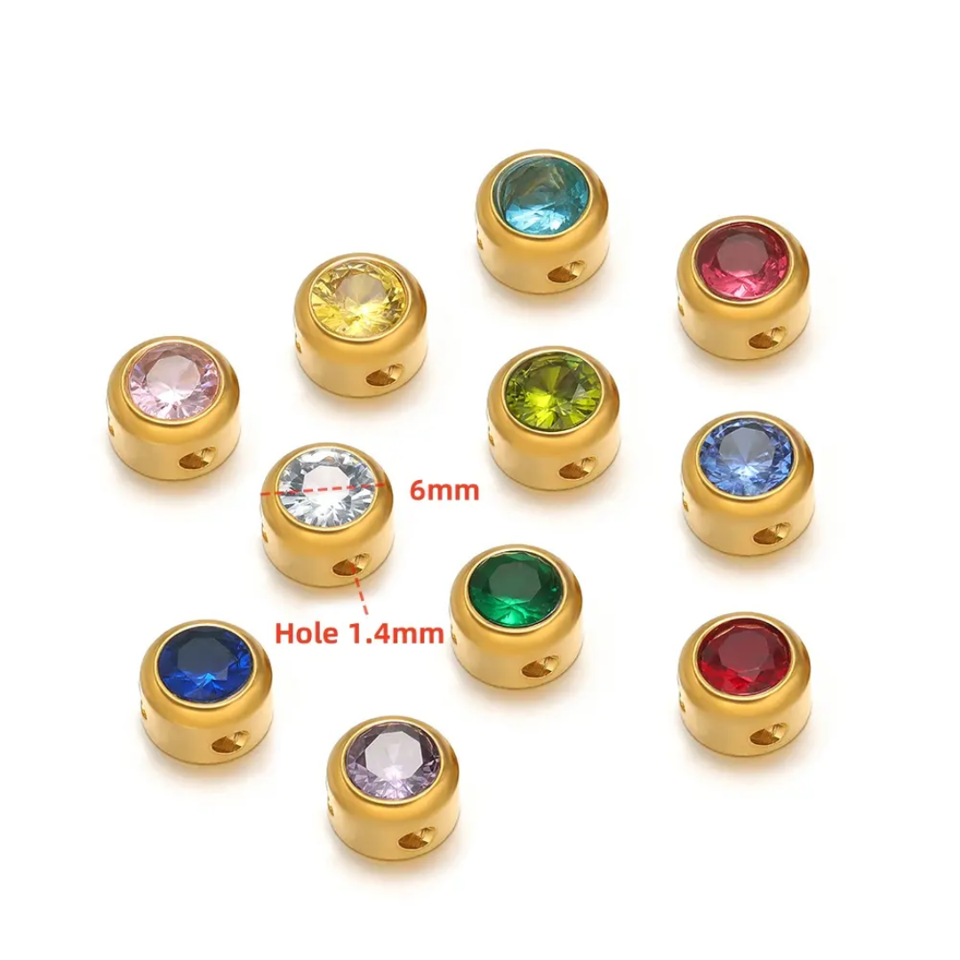 Mini Round Zircon Stone Spacer Bead - 18k Gold PVD Stainless Steel - 1 Piece