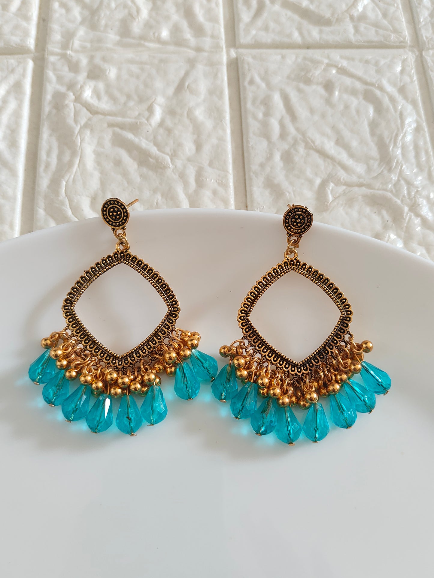 Gold Square Blue Drop Beaded Jhumka Base - 1 Pair - Check Description