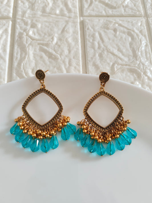 Gold Square Blue Drop Beaded Jhumka Base - 1 Pair - Check Description