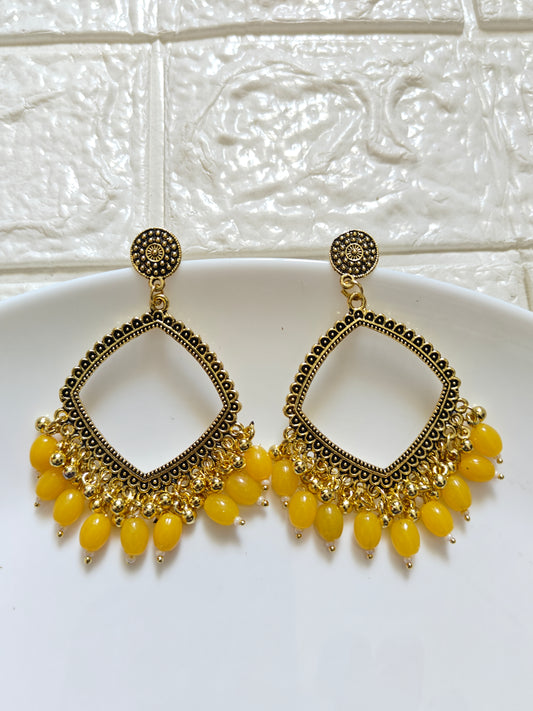 Gold Square Yellow Beaded Jhumka Base - 1 Pair