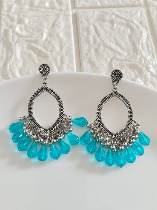 Silver Evil Eye Blue Drop Beaded Jhumka Base - 1 Pair