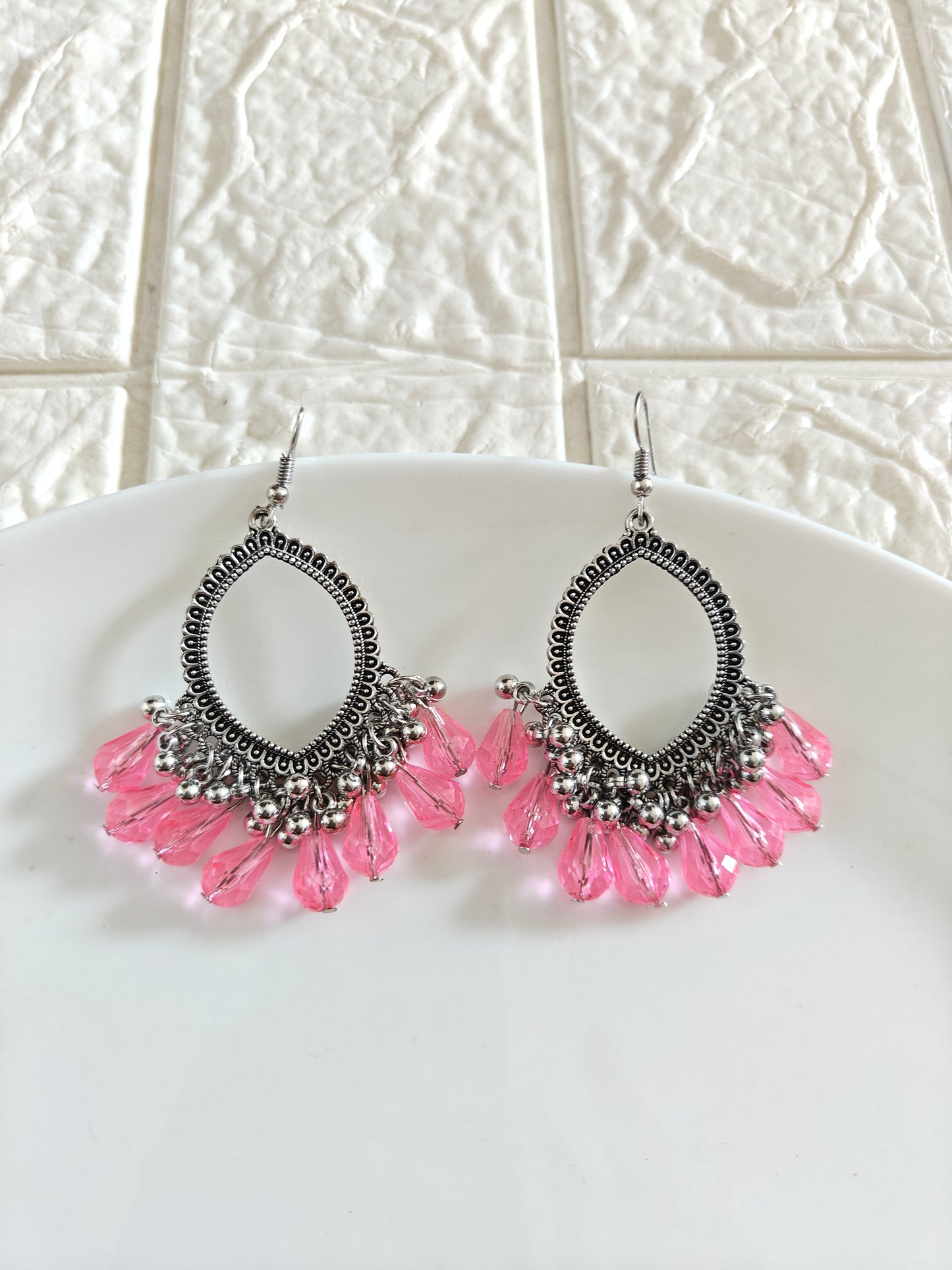Silver Evil Eye Pink Hook Drop Beaded Jhumka Base - 1 Pair