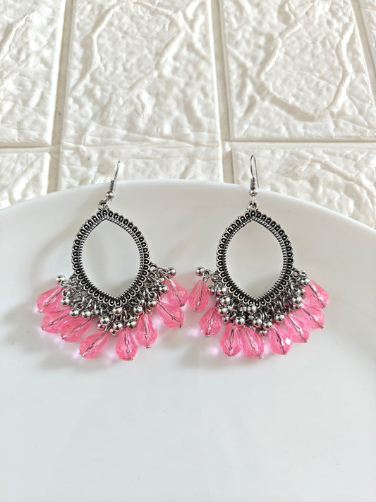 Silver Evil Eye Pink Hook Drop Beaded Jhumka Base - 1 Pair
