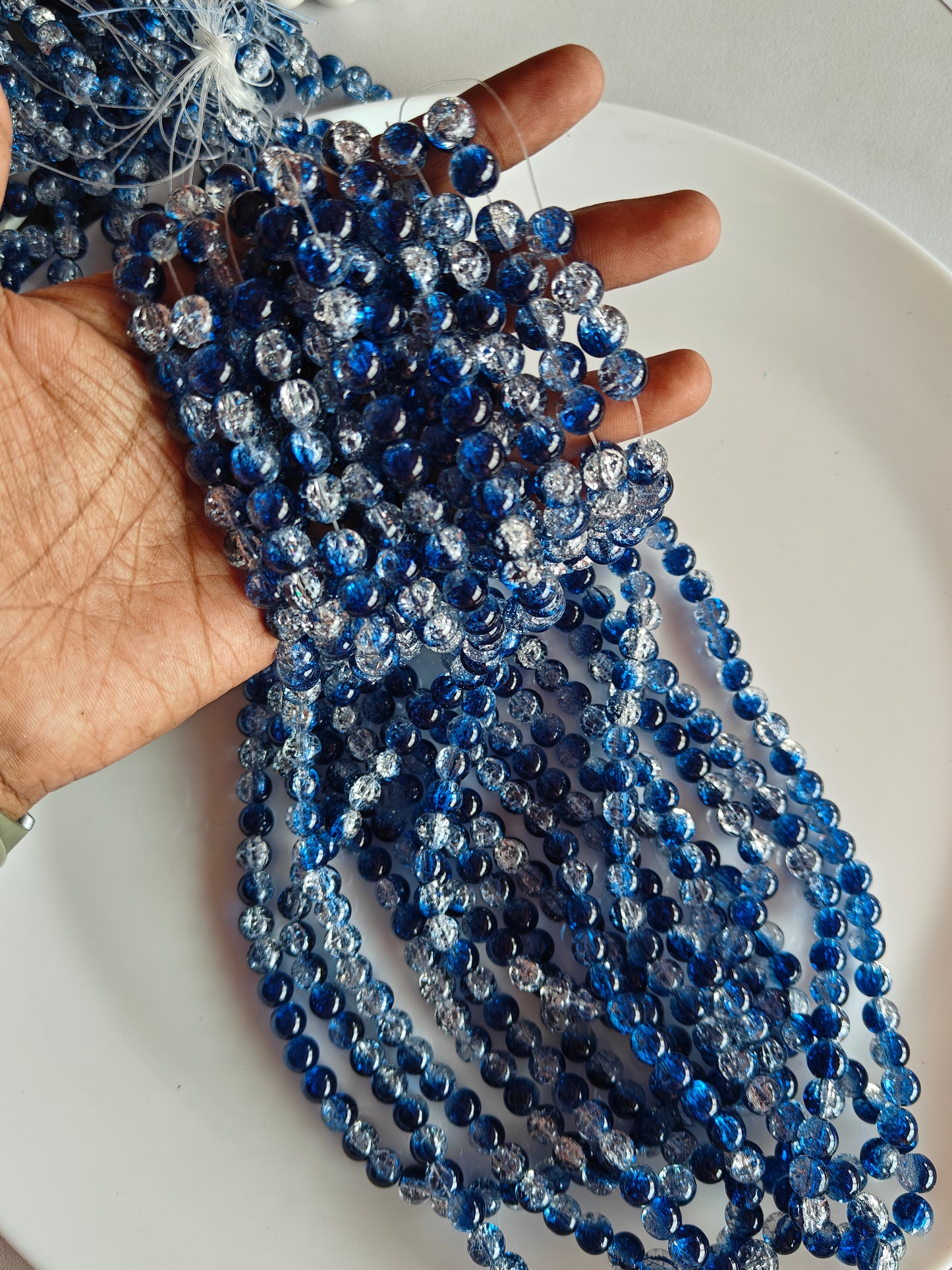 Dual Shade Crackle Beads 8mm D.Blue & White - approx. 100 beads