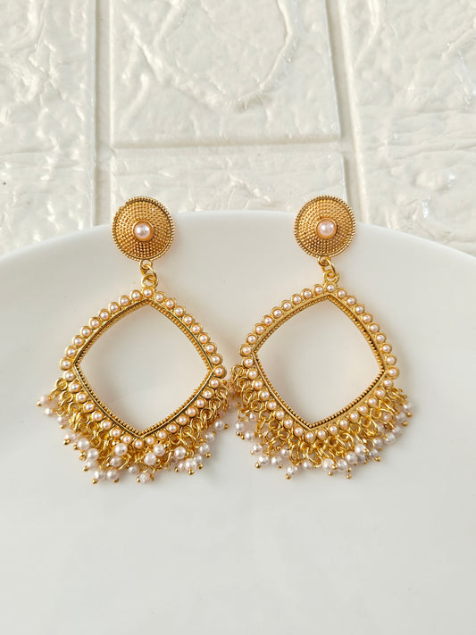 Gold Square White Pearl Beaded Jhumka Base - 1 Pair