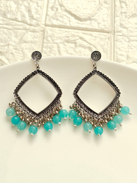 Silver Square Blue Beaded Jhumka Base - 1 Pair