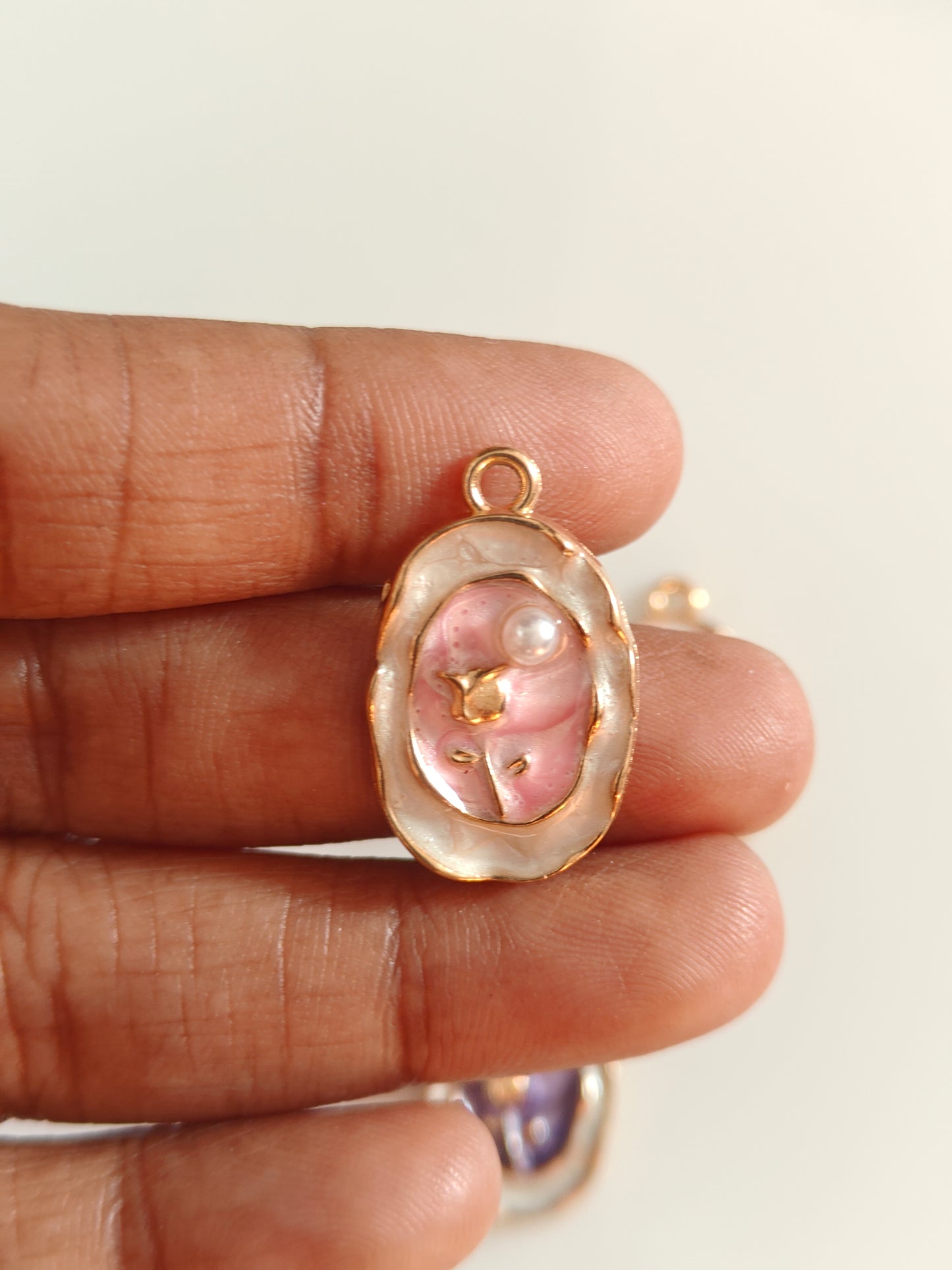 Rose Pearly Oval Enamel Charm - 1 Piece
