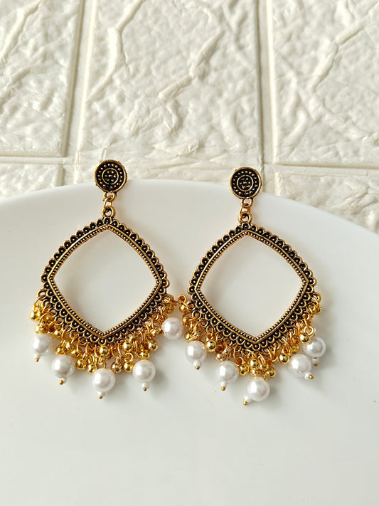Gold Square White Beaded Jhumka Base - 1 Pair