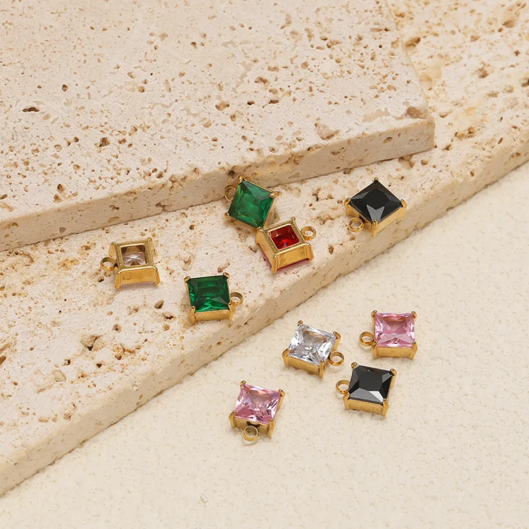 Square Stone SS 18k Gold PVD Plated Charm - 1 Piece
