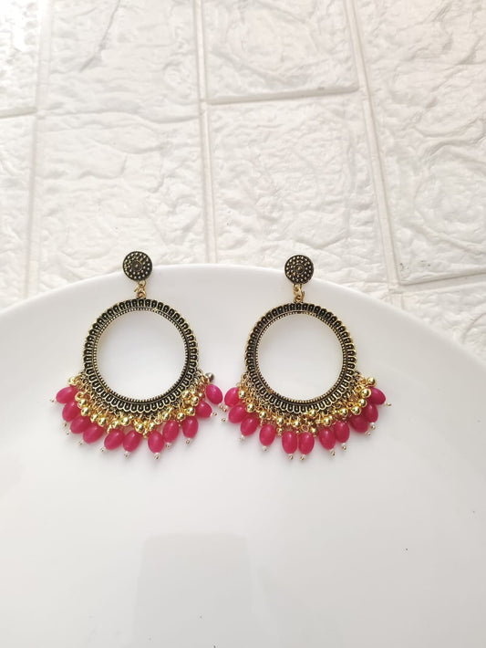 SH Gold Round Rani Pink Beaded Jhumka Base - 1 Pair