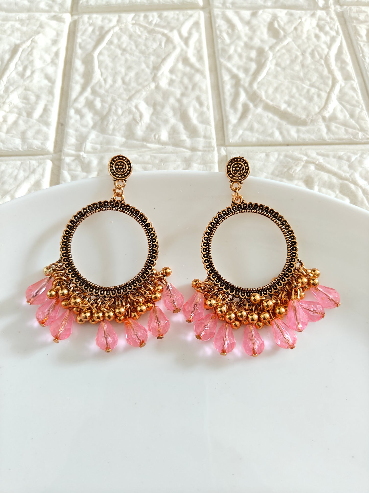 Gold Round Pink Drop Beaded Jhumka Base - 1 Pair - Check Description