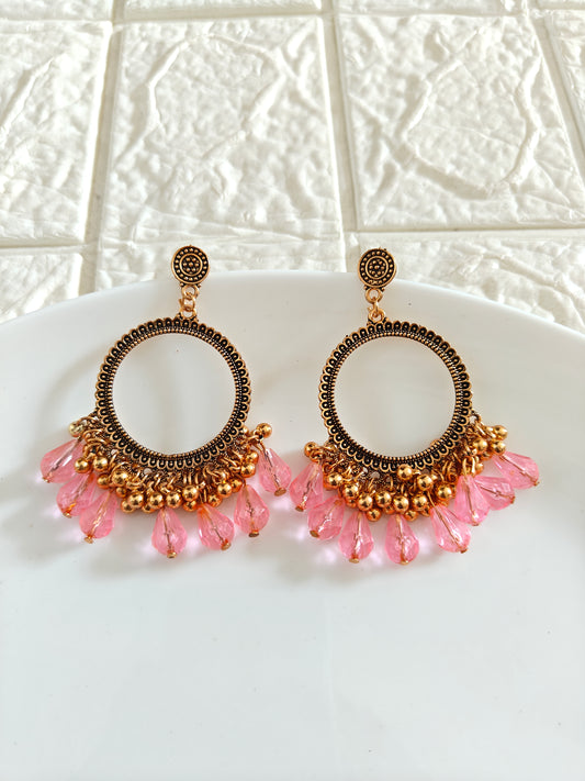 Gold Round Pink Drop Beaded Jhumka Base - 1 Pair - Check Description