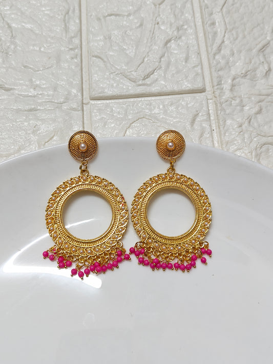 Gold Round Rani Pink Pearl Beaded Jhumka Base - 1 Pair