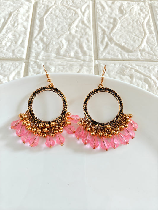 Gold Round Pink Drop Beaded Hook Jhumka Base - 1 Pair