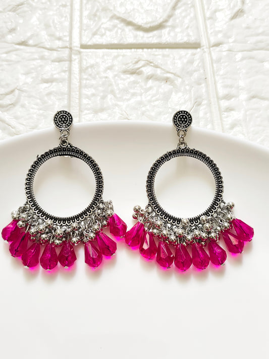 Silver Round Fuchsia Drop Beaded Jhumka Base - 1 Pair