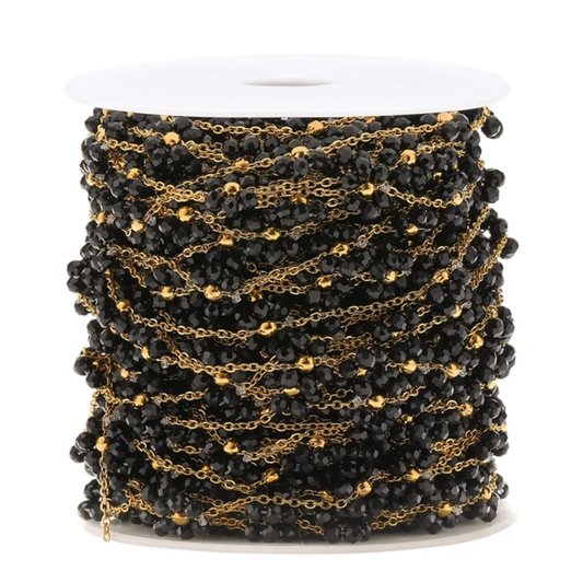 Stainless Steel Handmade Black Bead Flower Chain - 1 Feet