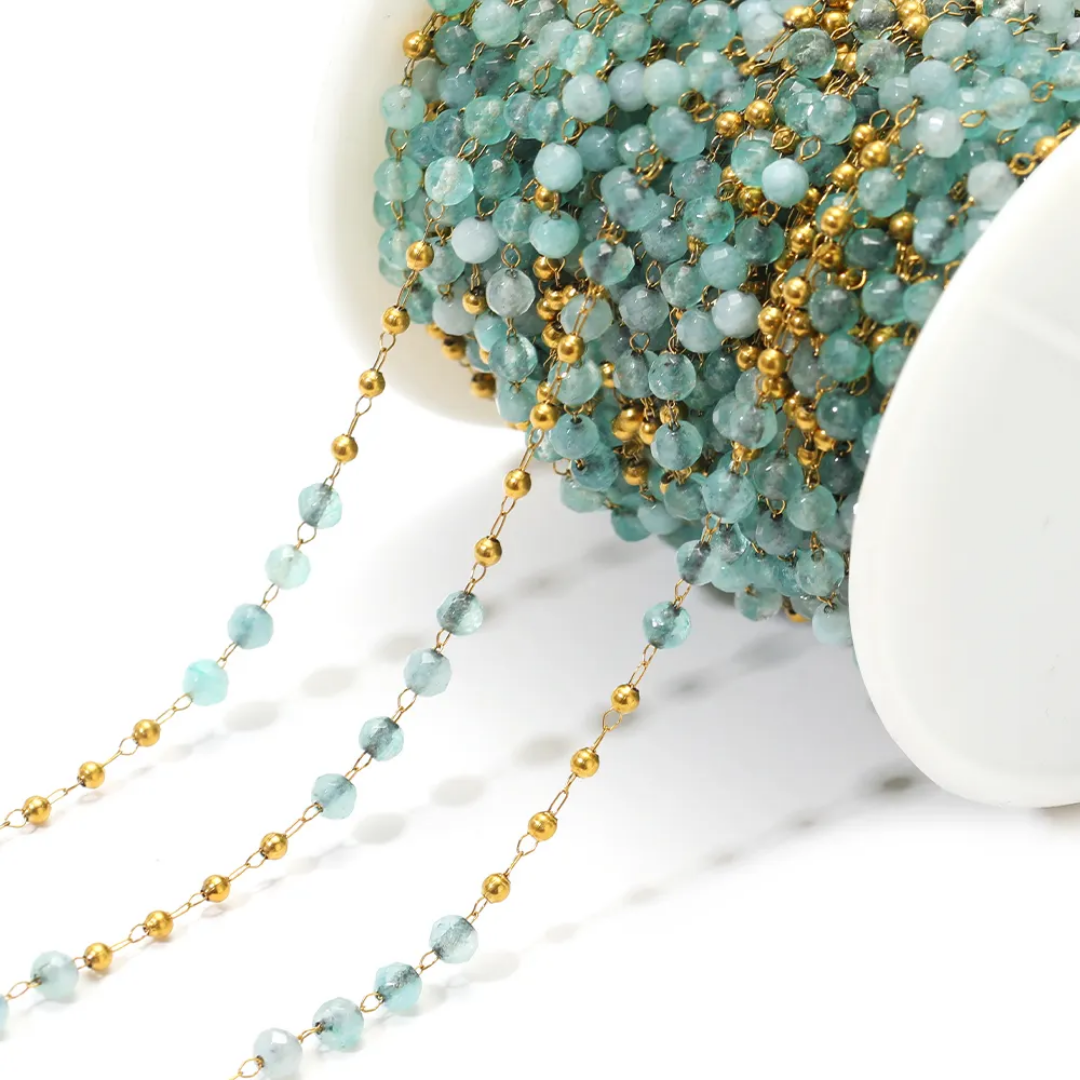 3mm Natural Aqua Green Stone Stainless Steel Chain - 1 Feet (30cms)
