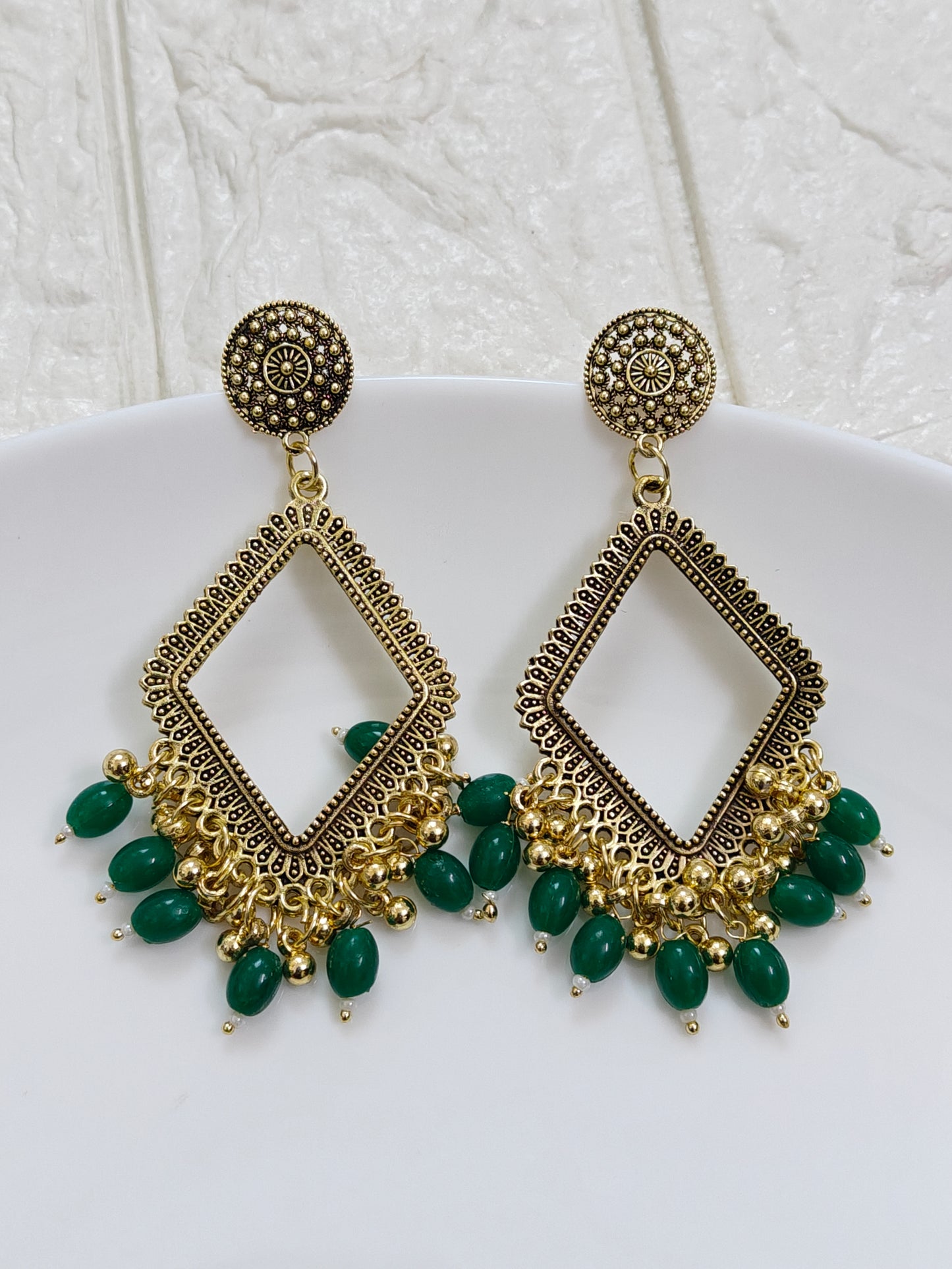 Gold Rhombus Dark Green Beaded Jhumka Base - 1 Pair