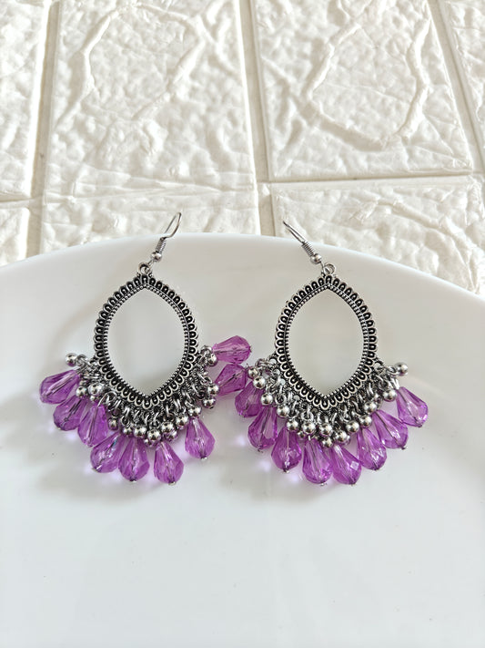 Silver Evil Eye Lavendar Hook Drop Beaded Jhumka Base - 1 Pair