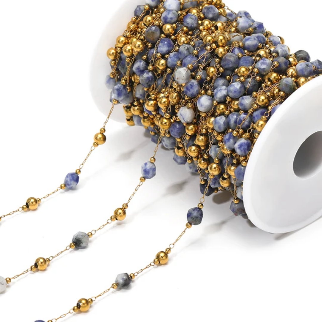 6mm Blue Stone Stainless Steel Chain - 1 Feet (30cms)