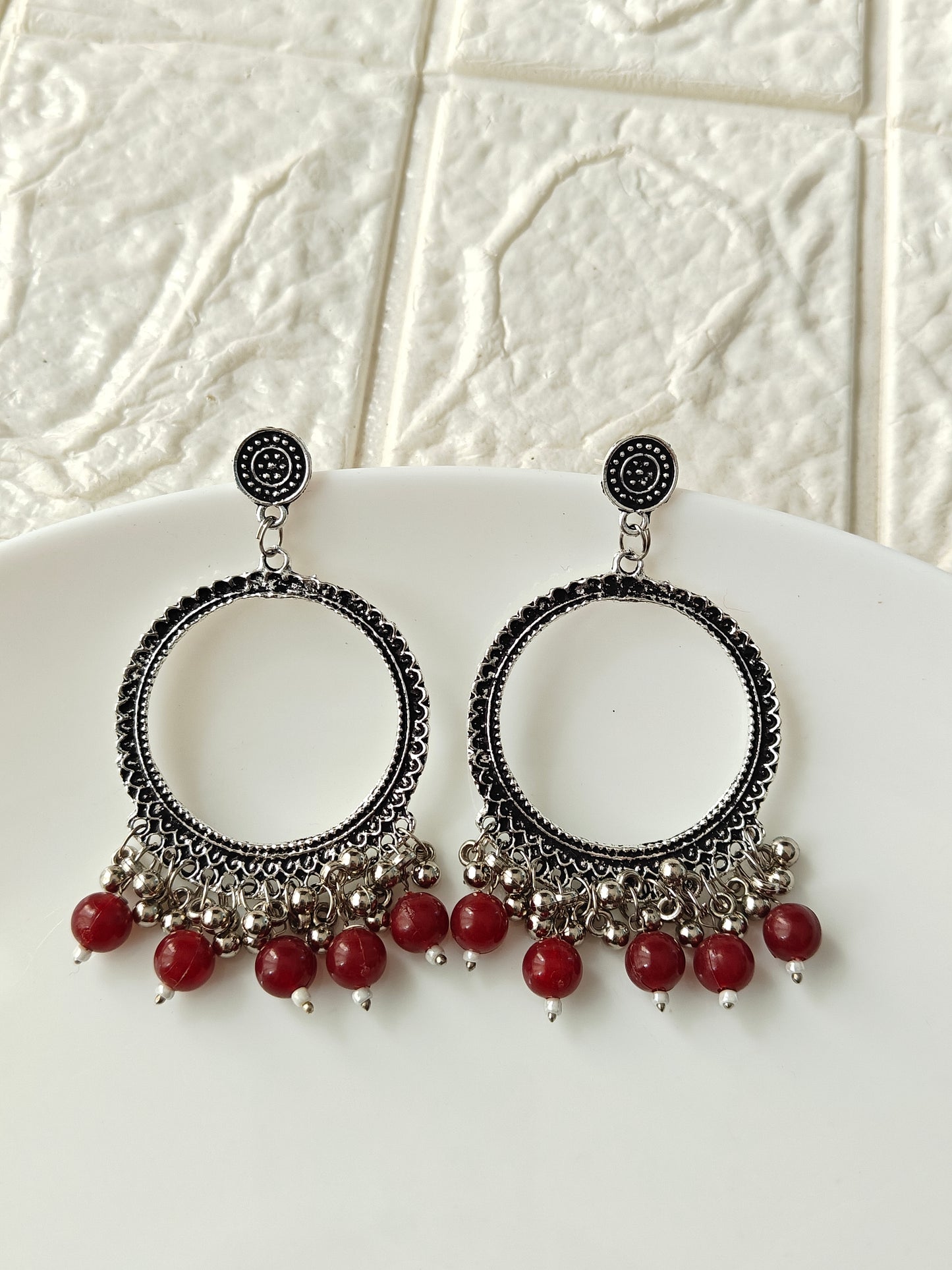 Silver Round Maroon Beaded Jhumka Base - 1 Pair
