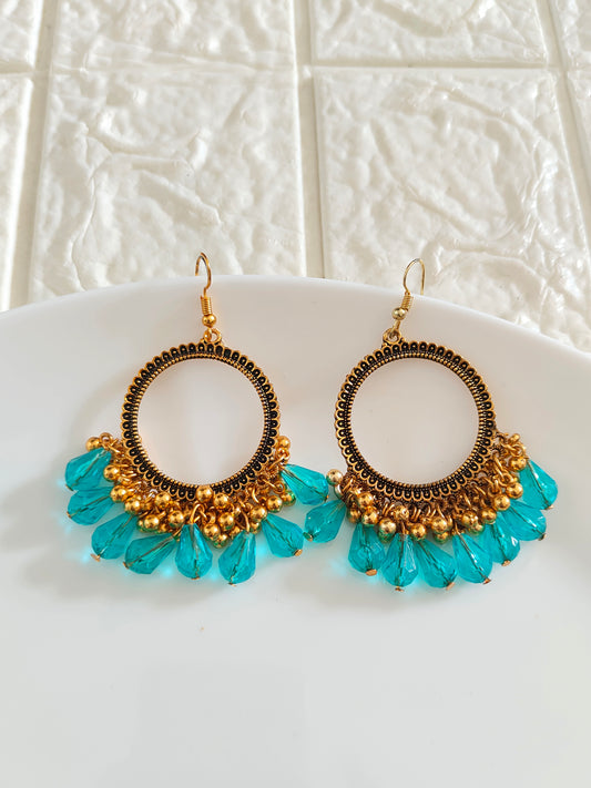 Gold Round Blue Drop Beaded Hook Jhumka Base - 1 Pair