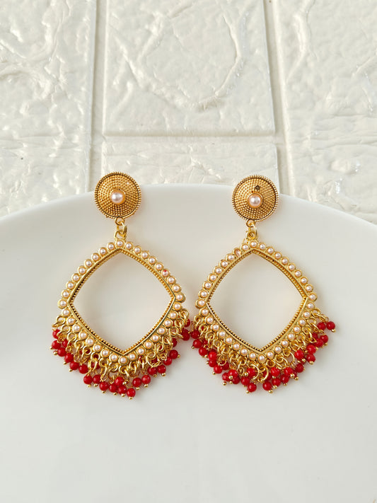 Gold Square Red Pearl Beaded Jhumka Base - 1 Pair