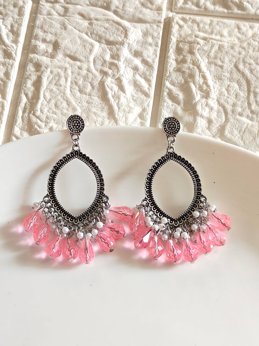 Silver Evil Eye Pink Drop Beaded Jhumka Base - 1 Pair